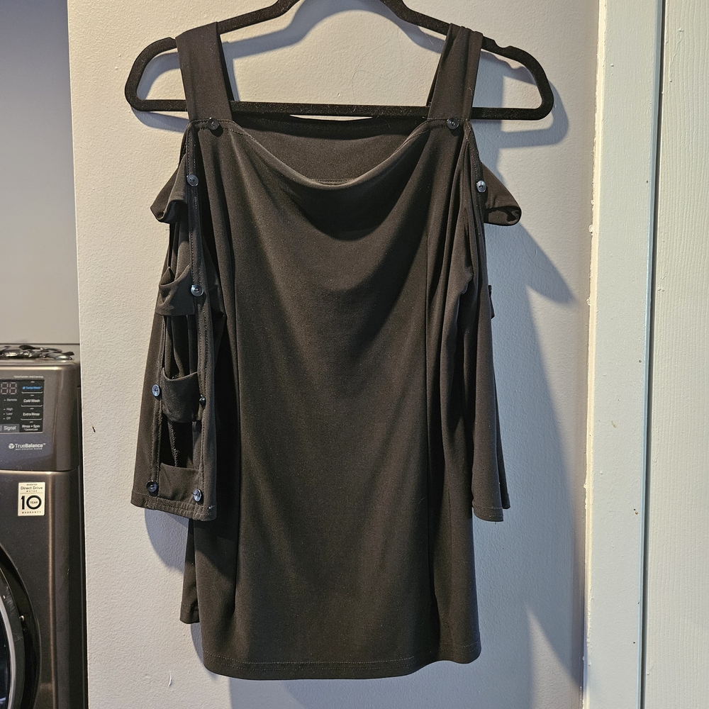 Elegant Black Cold Shoulder Long Sleeve Top With Sleeve Cutouts